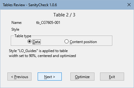 Tables Review dialog box