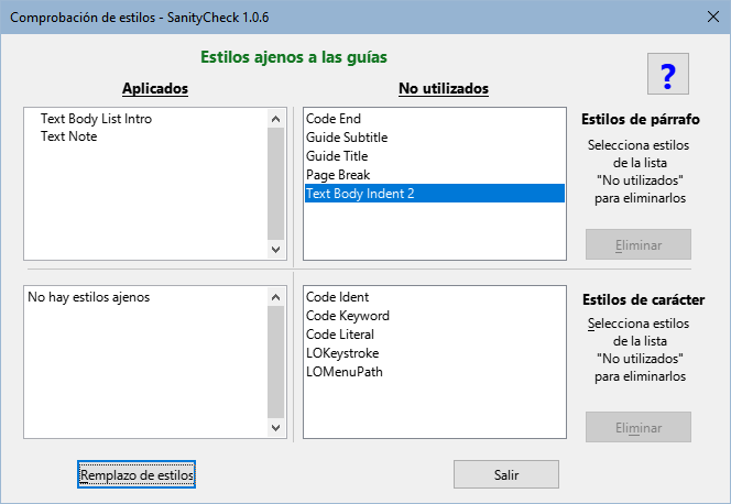 Diálogo Comprobación de estilos