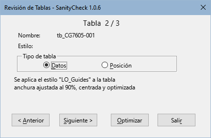 Diálogo Revisión de tablas