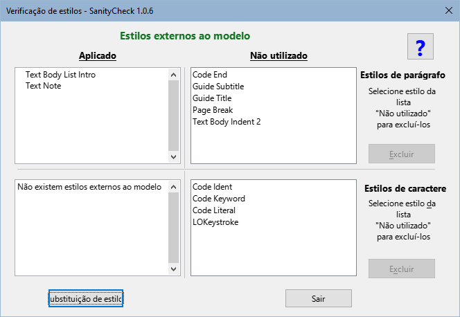 Caixa de diálogo Verificação de estilos